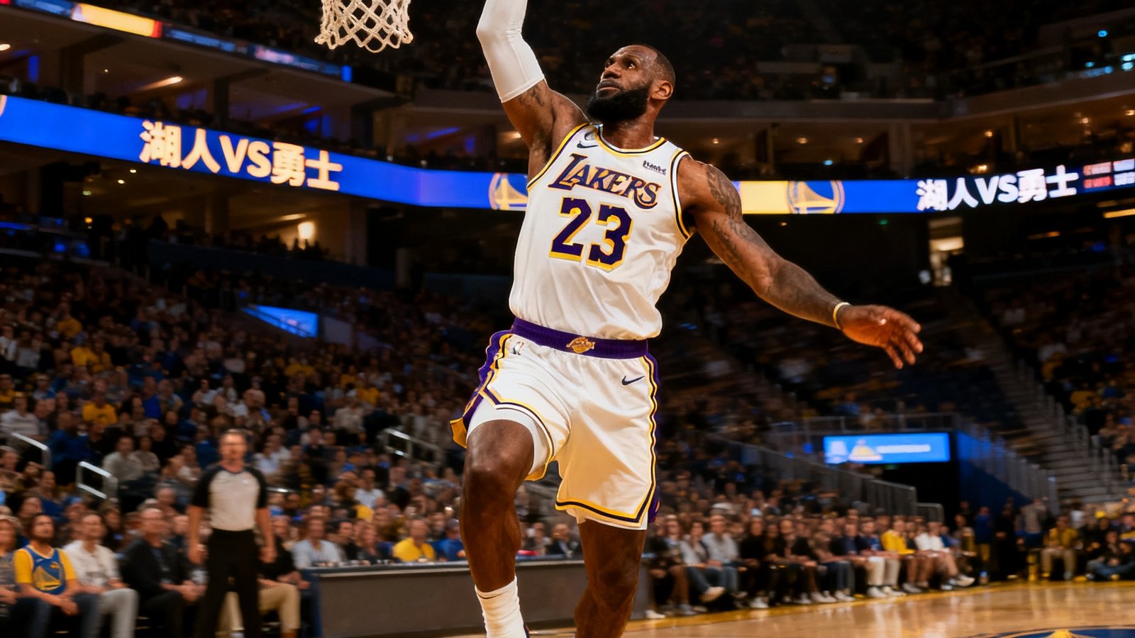 NBA常规赛湖人队与勇士队比赛中詹姆斯扣篮高光时刻